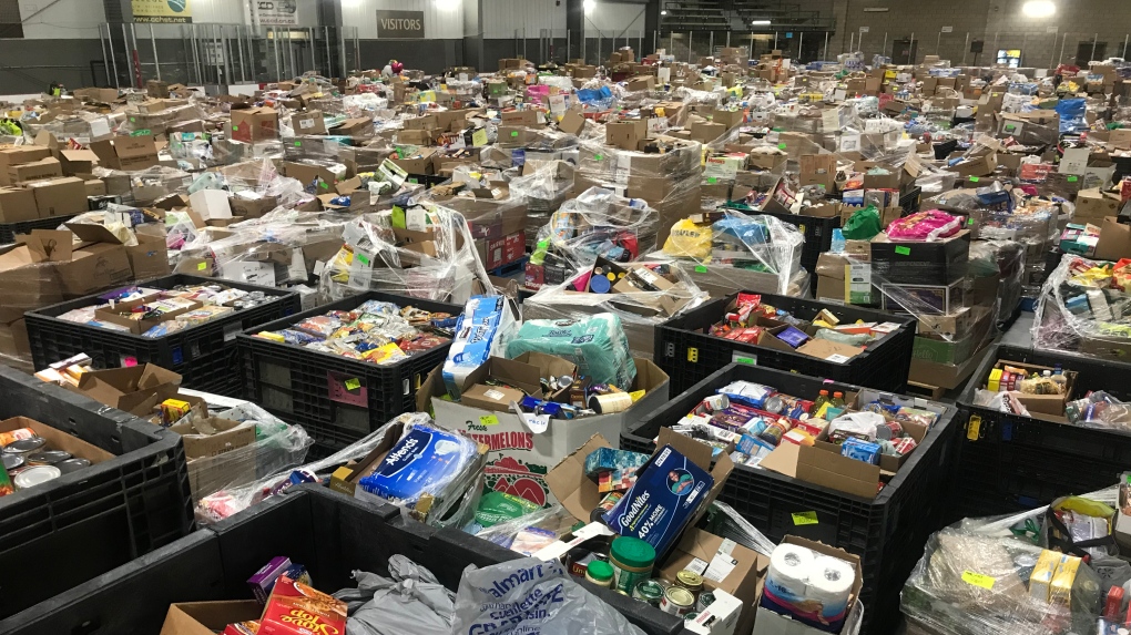 Food and hygiene supplies collected from the June 27th Miracle fill an arena at the WFCU Centre in Windsor, Ont. on Monday, June 29 2020. (Rich Garton/CTV Windsor) 