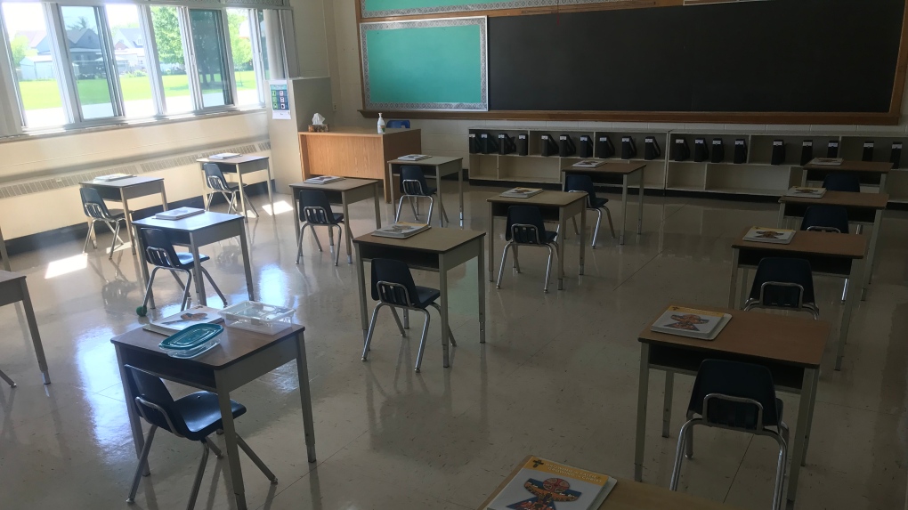 Desks are spread out at St. Joseph Catholic Elementary School in Amherstburg, Ont. on Thursday, Aug. 6, 2020. (Rich Garton / CTV Windsor)