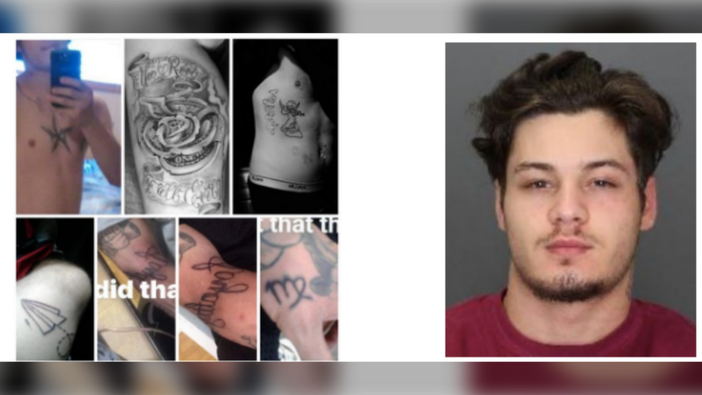 Robert Labrecque, 20, and photos of his tattoos. (courtesy Windsor Police Service)