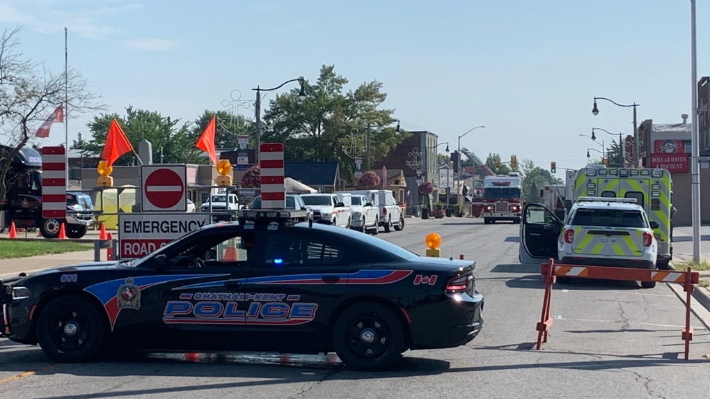 The cause of an explosion that sent three people to hospital is under investigation in Wheatley, Ont. on Friday, Aug. 27, 2021. (Chris Campbell/CTV Windsor)