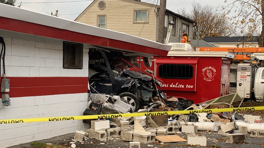 Vehicle crashes into Dari deLite in Windsor, Ont. on Monday, Oct. 31, 2022. (Rich Garton/CTV News Windsor)