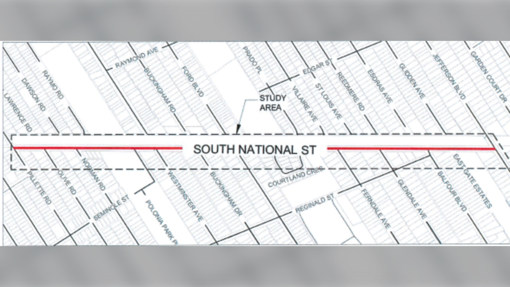 Map of the traffic calming study area on South National Street in Windsor, Ont. (Source: City of Windsor)