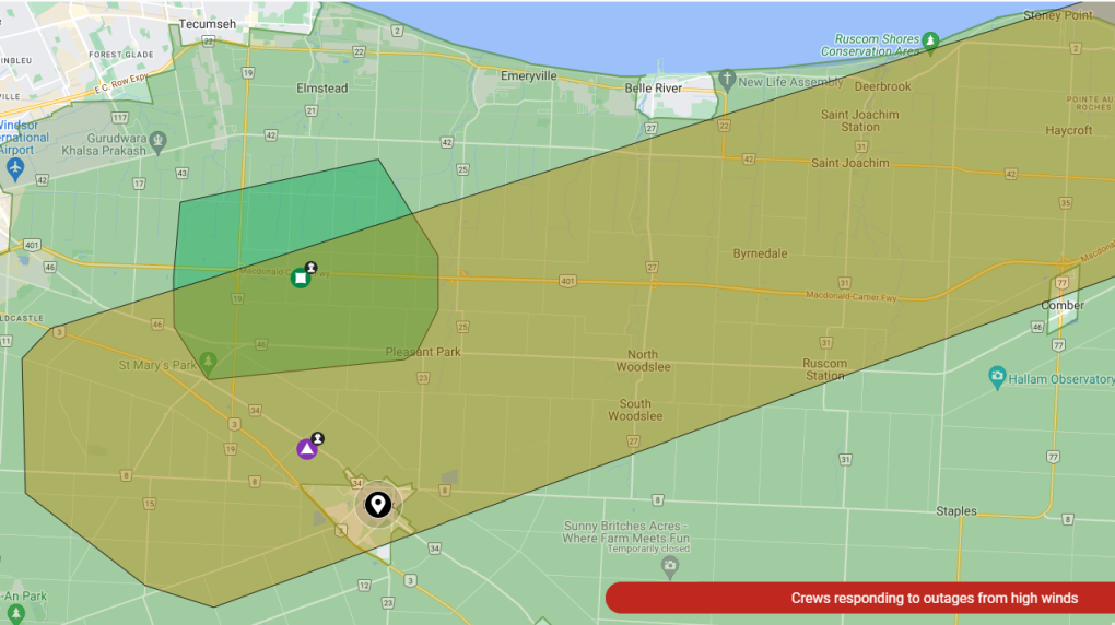 Map of area that experienced electricity outages in Essex, Ont. on Thursday, Dec. 15, 2022. (Source: Hydro One)