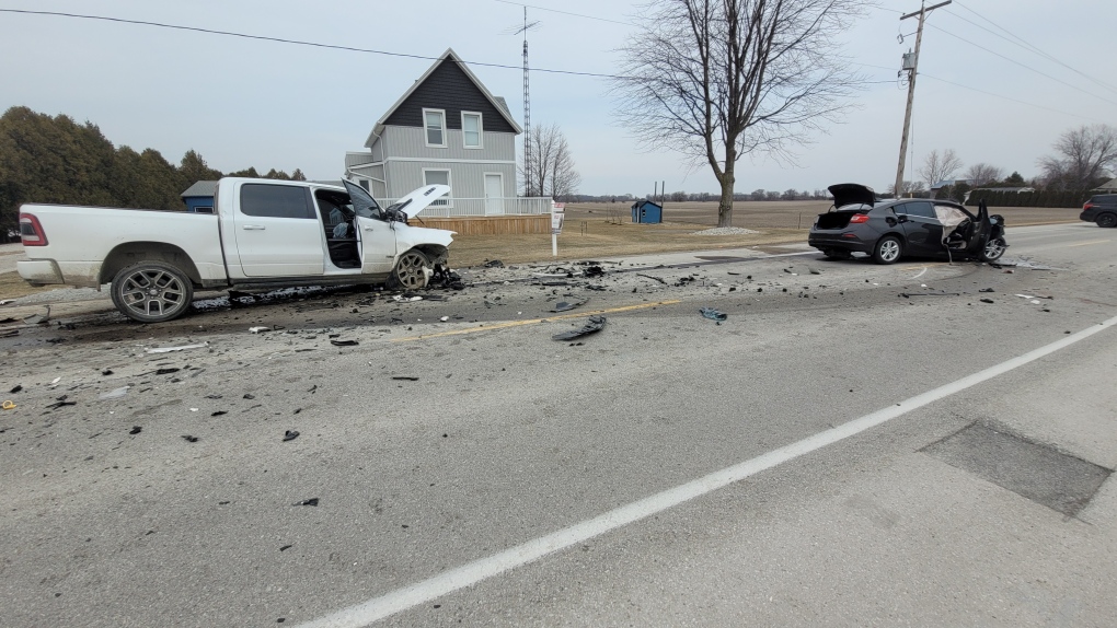 Essex County OPP say two people have died after a three-vehicle collision between Leamington and Wheatley, Ont., on Friday, March 18, 2022. (Sanjay Maru / CTV Windsor)