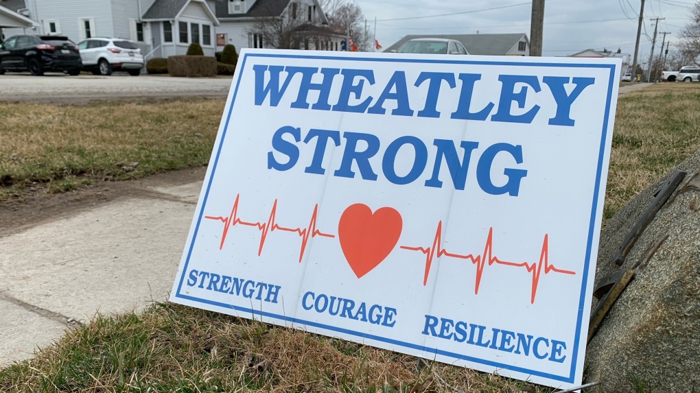 'Wheatley Strong' sign in downtown Wheatley, Ont. on Wednesday, March 30, 2022. (Chris Campbell/CTV Windsor)