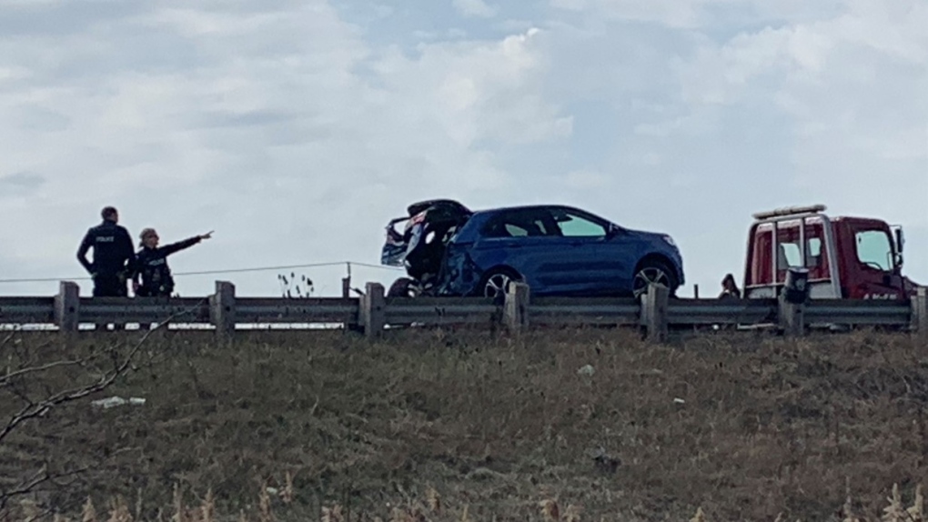 Traffic was backed up on E.C. Row Expressway after a crash on Monday, April 11, 2022. (Bob Bellacicco / CTV Windsor)