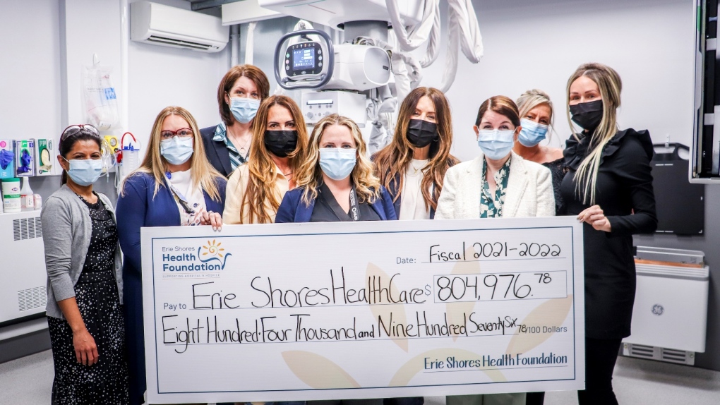 Staff from the Erie Shores Health Foundation and Erie Shores HealthCare present a symbolic cheque of the funds disbursed in the 2021-2022 fiscal year. (Courtesy Erie Shores Health Foundation)