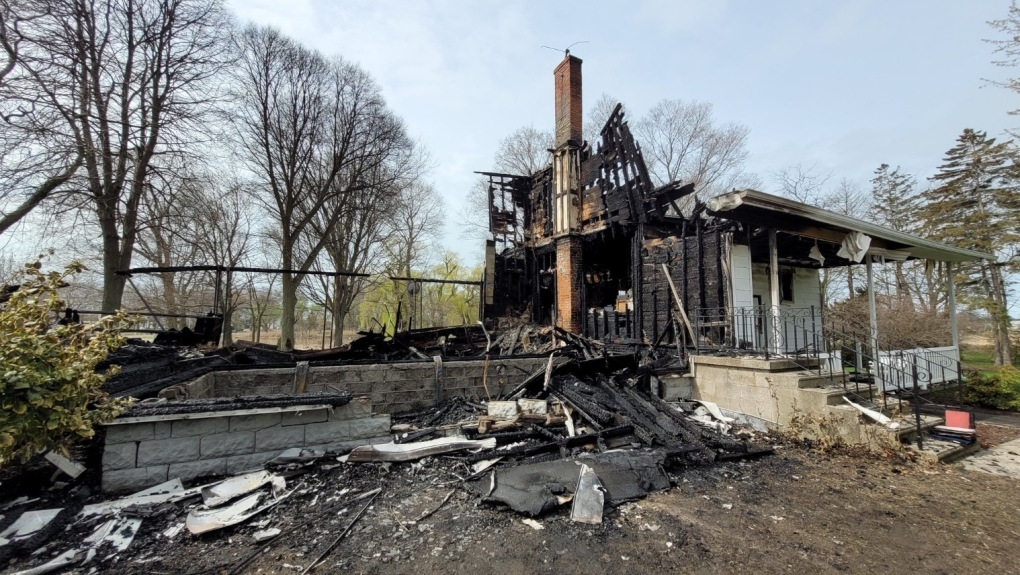 A house was destroyed by fire in Harrow, Ont., on Thursday, May 5, 2022. (Sanjay Maru / CTV Windsor)