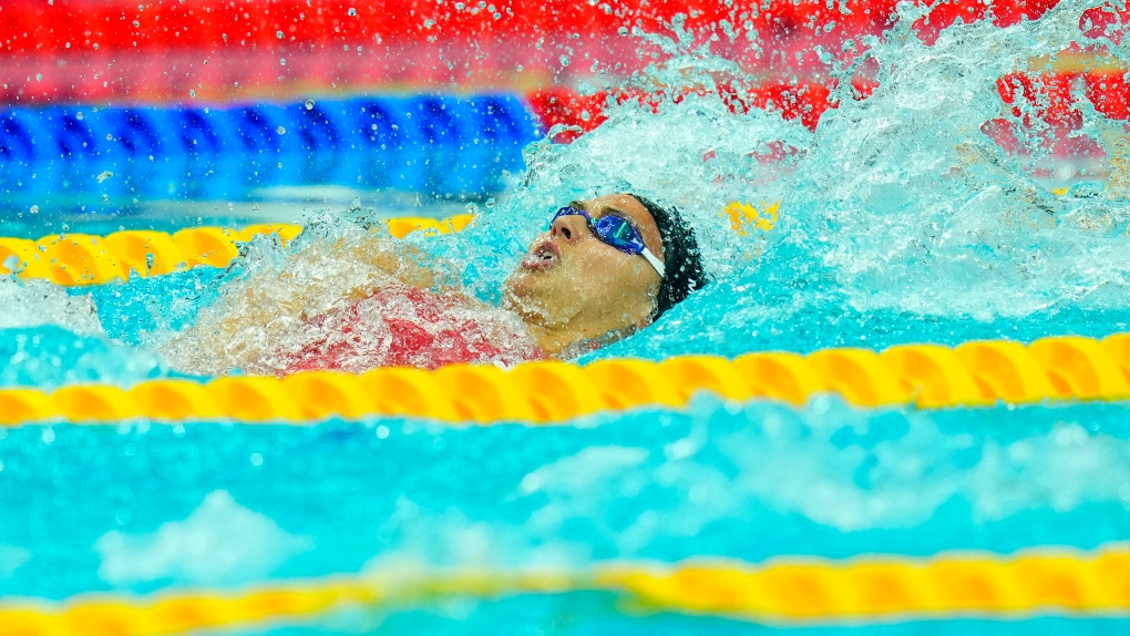 Kylie Masse of Canada competes in her Women 100m Backstroke semifinal at the 19th FINA World Championships in Budapest, Hungary, Sunday, June 19, 2022. (AP Photo/Petr David Josek)