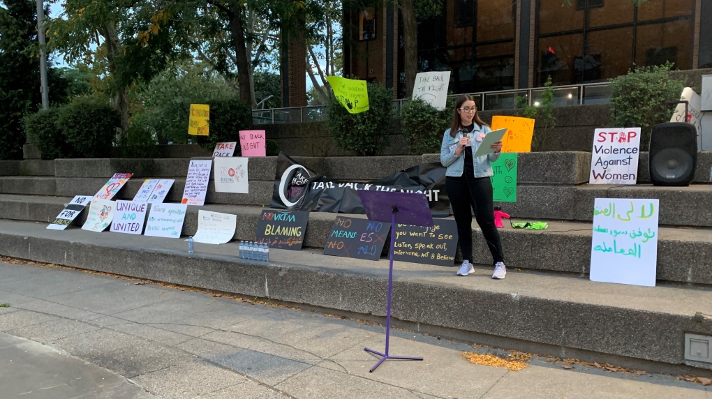 More than 150 people gathered in downtown Windsor, Ont. on September 23, 2022 during the annual Take Back the Night event, raising awareness against sexual violence and domestic violence against women. (Taylor Choma/CTV News Windsor)