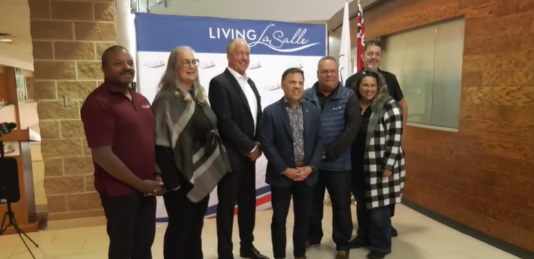 Government officials, including municpal officials from the Town of LaSalle, Ont. and Essex MPP Anthony Leardi gather at the Vollmer Complex on September 24, 2022. (Rich Garton/CTV News Windsor)