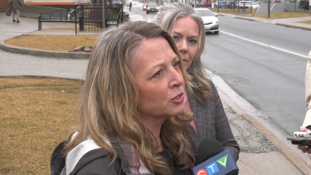 Ontario NDP leader Marit Stiles answers questions outside Windsor Regional Hospital, Ouellette Campus, with NDP MPP Lisa Gretzky in background, on Jan. 19, 2023. 9Gary Archibald/CTV News Windsor) 