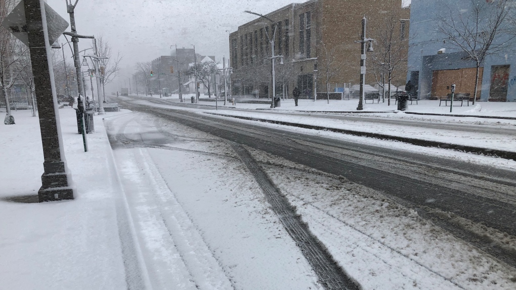 Snow falls on the sidewalks and streets in Windsor, Ont. (Gary Archibald/CTV News Windsor)
