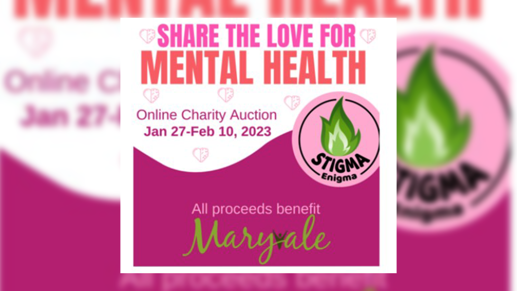 A poster advertising for the "Share the Love for Mental Health" online charity auction in Windsor-Essex. (Source: Stigma Enigma)
