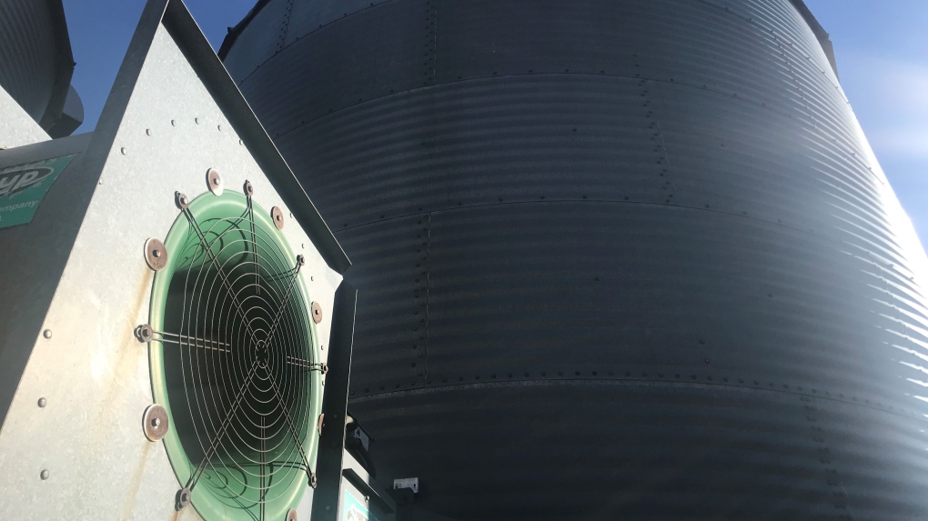 A large fan is used to dry corn in a storage bin in Essex County on Monday, Nov. 14, 2023. (Michelle Maluske/CTV NewsWindsor)