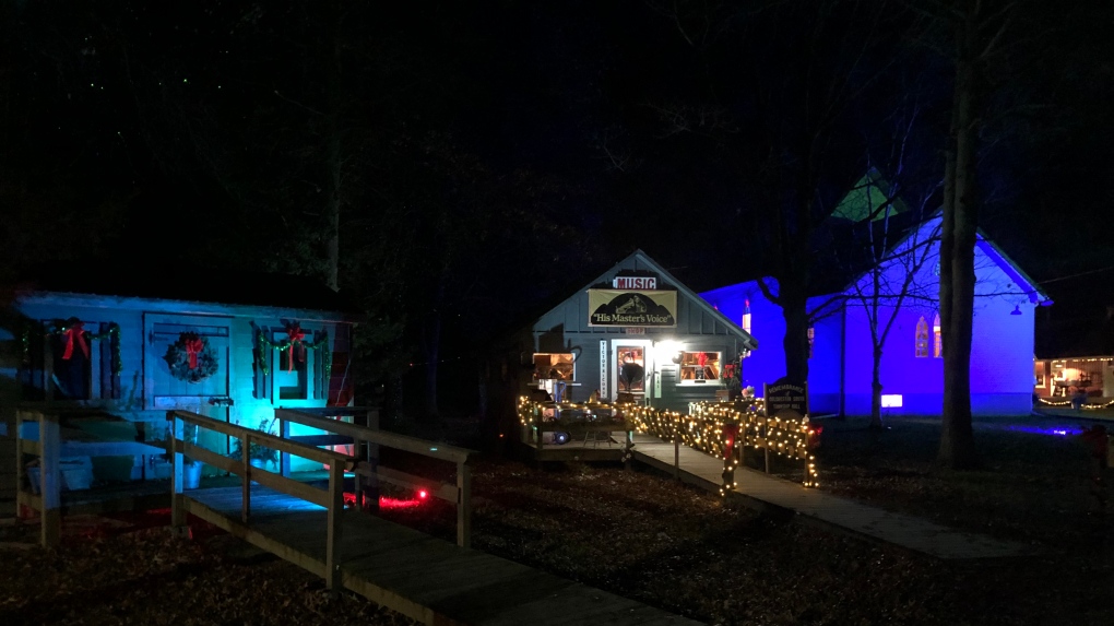 Christmas Heritage Village in Kingsville lit at night in Kingsville, Ont. (Lori Berg/CTV News Windsor)