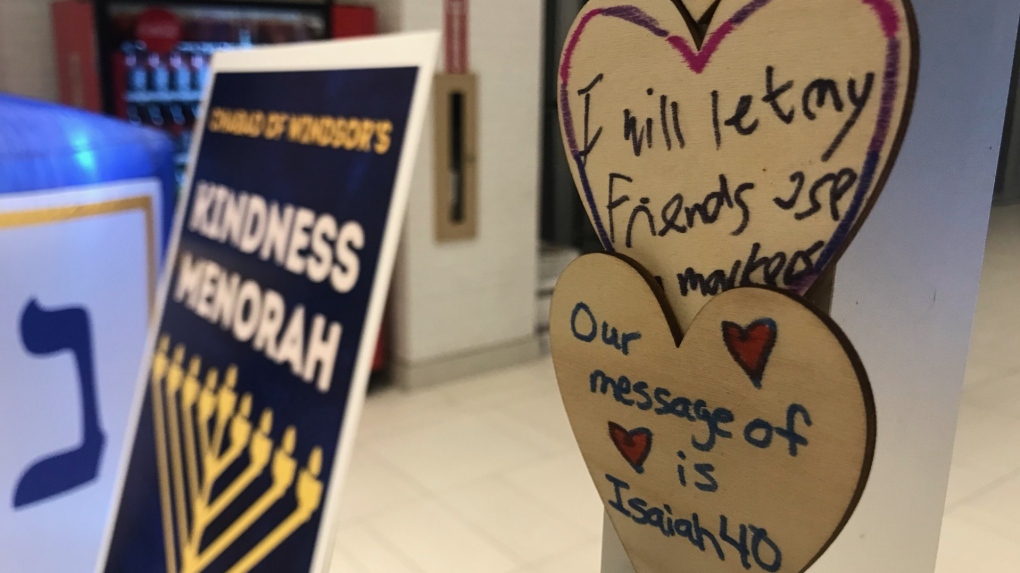 Children wrote messages of kindness to attach to Chabad of Windsor’s “Kindness Menorah” inside Devonshire Mall for Hanukkah. (Michelle Maluske/CTV Windsor)
