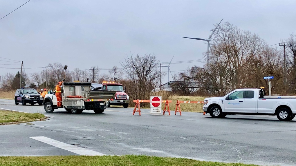 Chatham-Kent police on scene of a serious crash on Queen's Line in Tilbury, Ont. on Tuesday, Dec. 5, 2023. (Gary Archibald/CTV News Windsor)