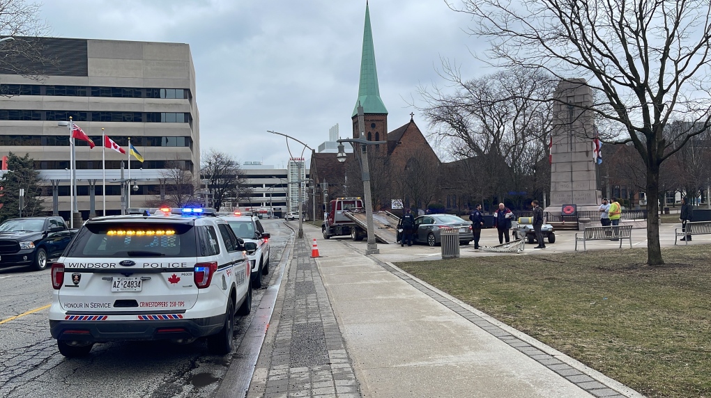 Officers were called to the single-vehicle crash at Senator David A. Croll Park on University Avenue around 12:15 p.m. on Thursday, March 23, 2023. (Travis Fortnum/CTV News Windsor)