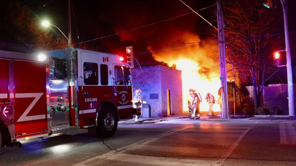 OPP say a vehicle struck a building and caught fire on Lesperance Road at Riverside Drive on March 5, 2023. (Source: Unofficial: On Location/Facebook)