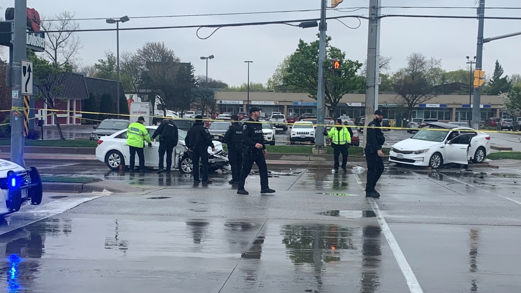 Emergency crews responded to a crash on Tecumseh Road East near Jefferson Boulevard in Windsor, Ont., on Tuesday, April 25, 2023. (Rich Garton/CTV News Windsor)