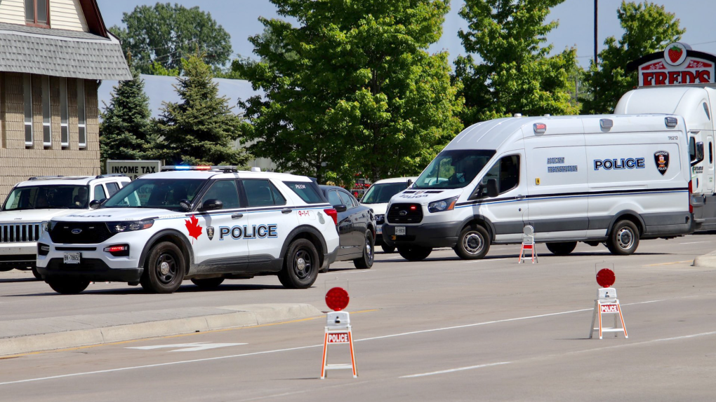 Police attended the scene of a collision on Huron Church Road on May 27, 2023. (Source: On Location/Twitter) 