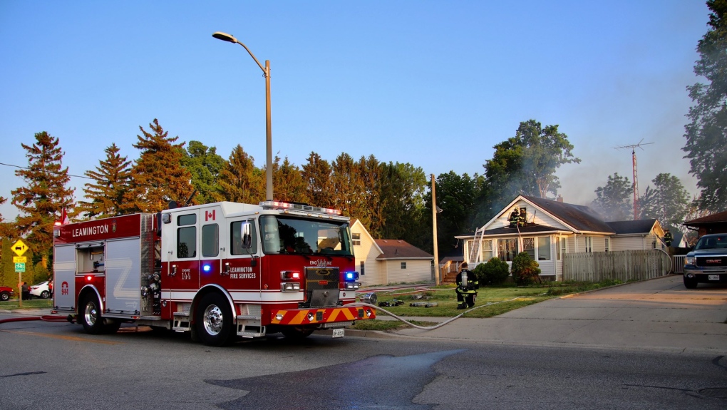 Leamington fire crews responded to a house fire believed to have been caused by an exhaust fan in the 400 block of Oak St East in Leamington, Ont. on Thursday, May 31, 2023. (Source: OnLocation/Twitter)