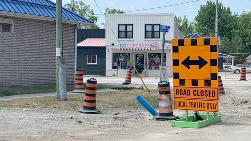 Construction is taking place in front of The Little House of Cupcakes and More on Talbot Street, as seen on June 2, 2023. (Chris Campbell/CTV News Windsor) 