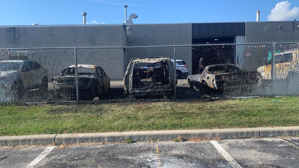 Windsor police are investigating a car fire that spread to multiple vehicles at a business in the 500 block of Divison Road in Windsor, Ont. on Tuesday, Sept. 19, 2023. (Stefanie Masotti/CTV News Windsor)