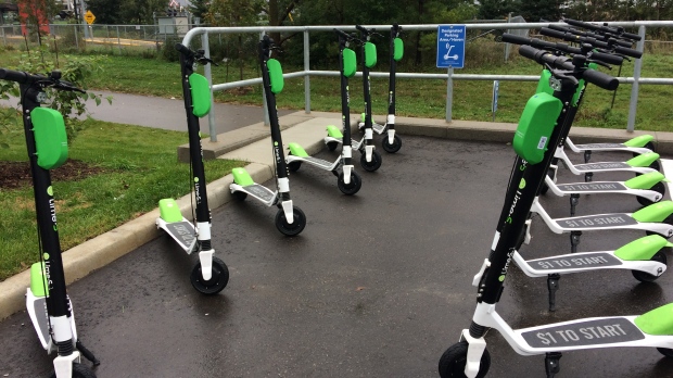 Lime electric scooters on display in Waterloo