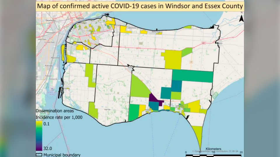 Map of active cases by Windsor-Essex County region