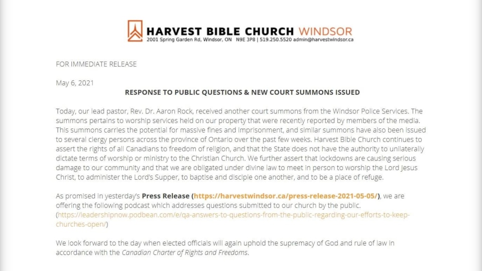 Statement from Harvest Bible Church